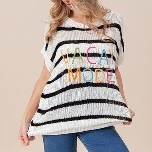 Vacay Mode Lettering Drop Shoulder Striped Sweater – Lightweight Knit Pullover f